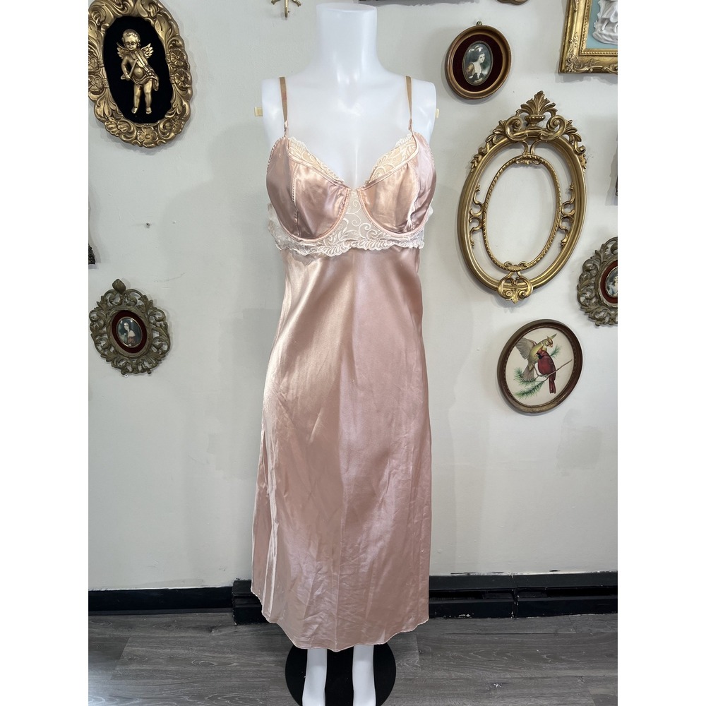 Vintage Rose Gold Satin & Lace Slip Dress Size S